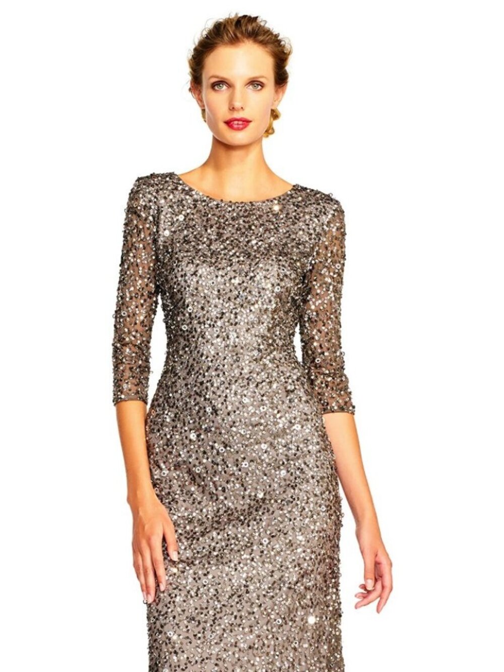 Adrianna Papell Women's 3/4 Sleeve Scoop Back Beaded Gown. Size 4